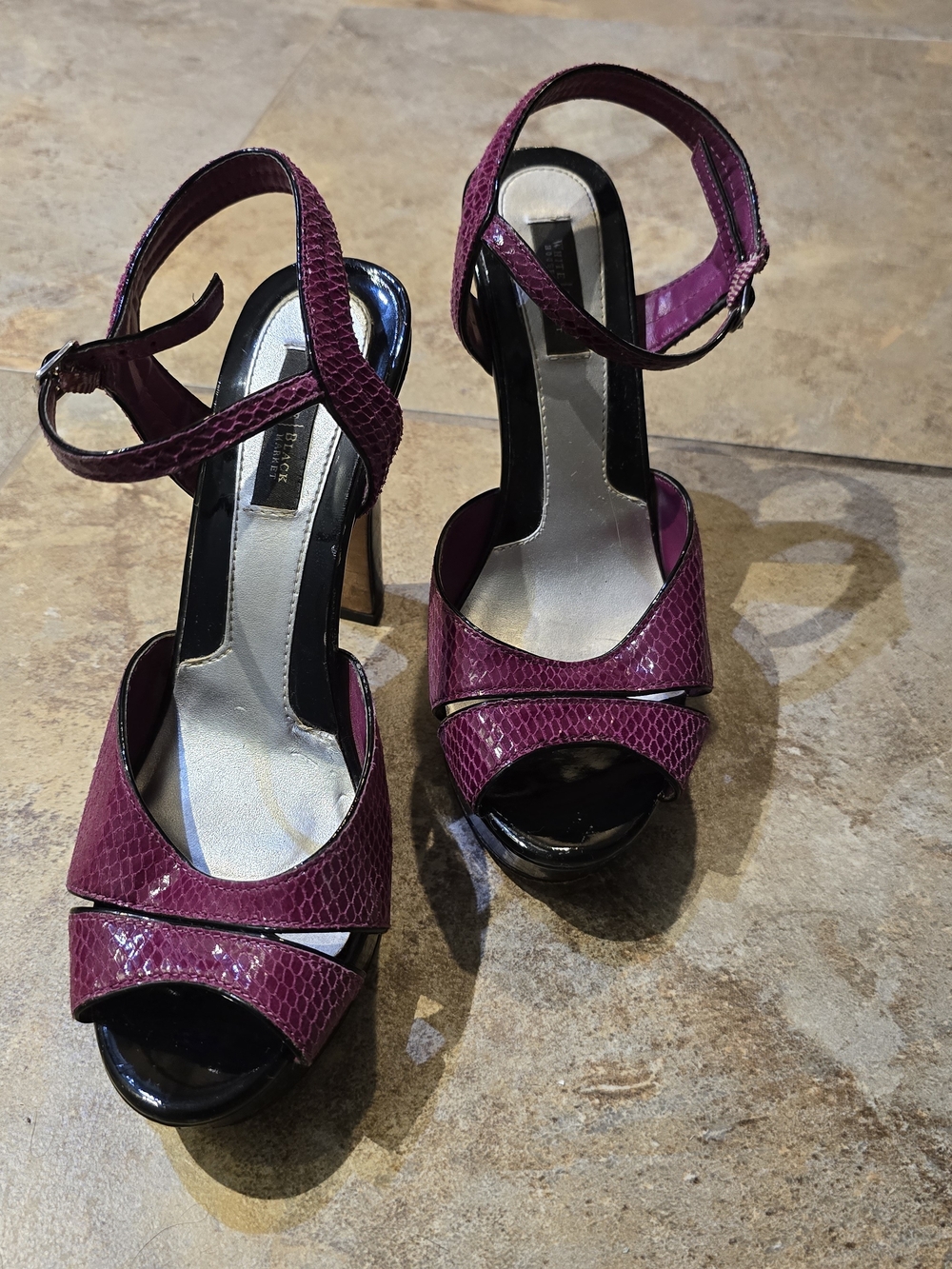 White House Black Market Purple Snake-Embossed Ankle-Strap Platform Heels